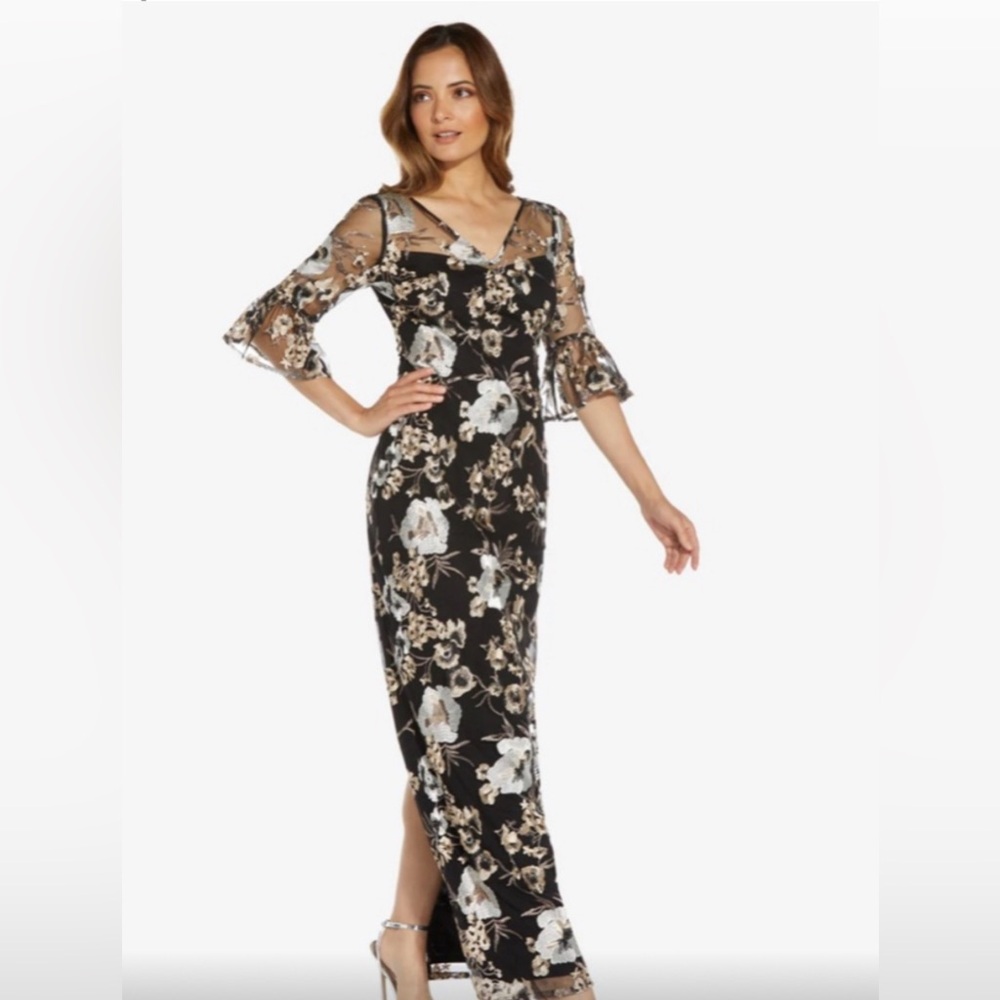 🆕ADRIANNA PAPELL Floral Column Gown Black Gold White Copper